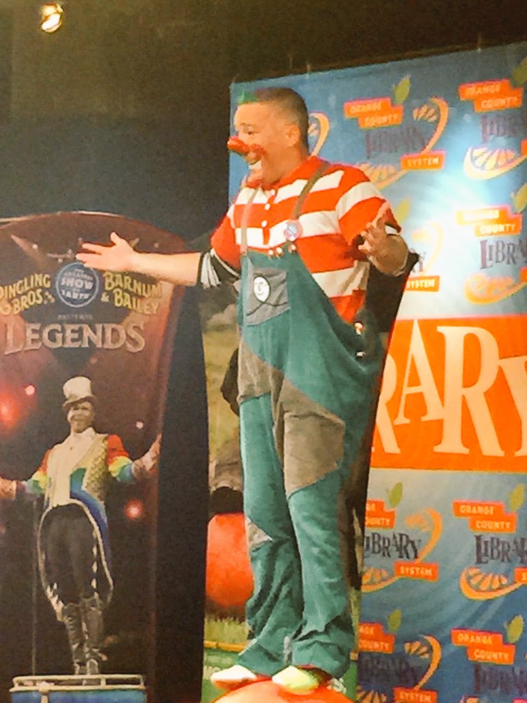 oclslibrary's tweet photo. The @RinglingBros clowns are @ the Orlando Public Library!  #legends #readingwithringling! https://t.co/P3jKS74D5M