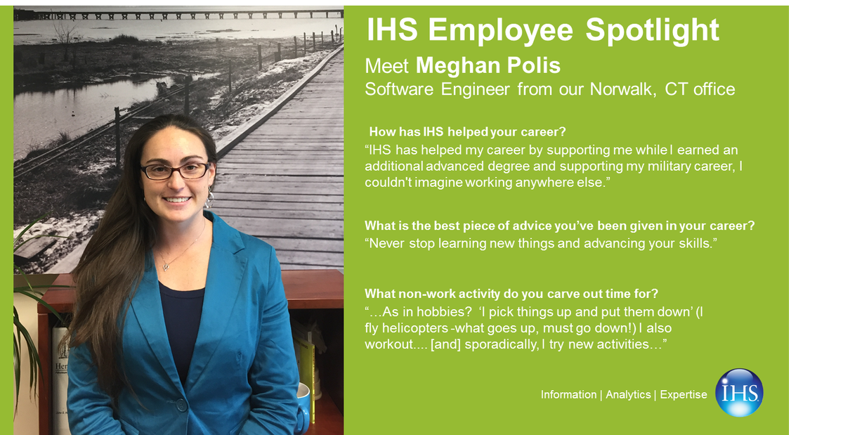 IHSMarkit4jobs's tweet photo. #EmployeeSpotlight- Meghan Polis  #SoftwareEngineer | #WeAreIHS #IHSCareers #WomenInSoftwareEngineering #WISE https://t.co/BQyGImuYTy