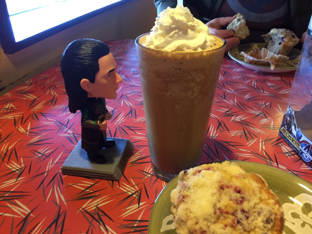 DisgruntledLoki's tweet image. My servant, Rian, is drinking a coffee that is larger than I am, meaning she could likely devour me. #LokiScared