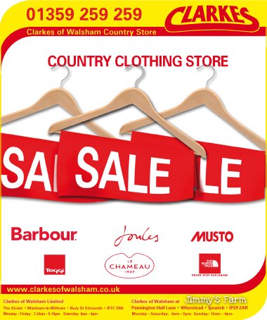 Clarkes Clothing and Country Store Sale Now On, In Store and Online! Also at <a href="/JimmysFarmHQ/">Jimmys Farm & Wildlife Park</a>