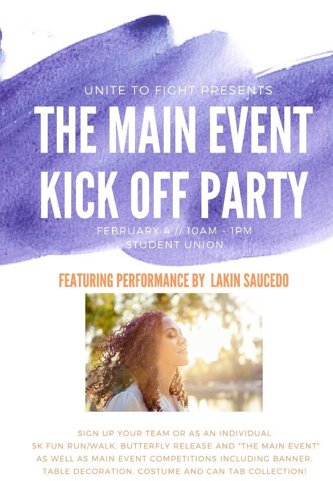 NSUUniteToFight's tweet photo. Mark your calendars! UTF's Main Event Kick Off Party is February 4! 😈 https://t.co/TToY8vX4TJ