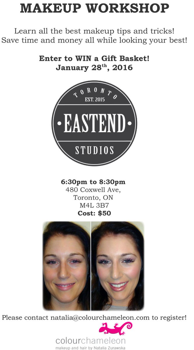 Colourchameleon's tweet photo. #TeamDanforth #Toronto #makeup #makeuptips #workshop January 28 @Eastend_Studios. Enter to #win #giftbasket #beauty https://t.co/eHXXHTcvvy