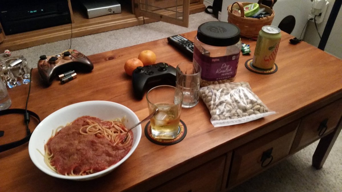 Bowl of pasta. Whiskey. Nuts. Netflix. Only thing missing from this perfect night is @NeelaShepard