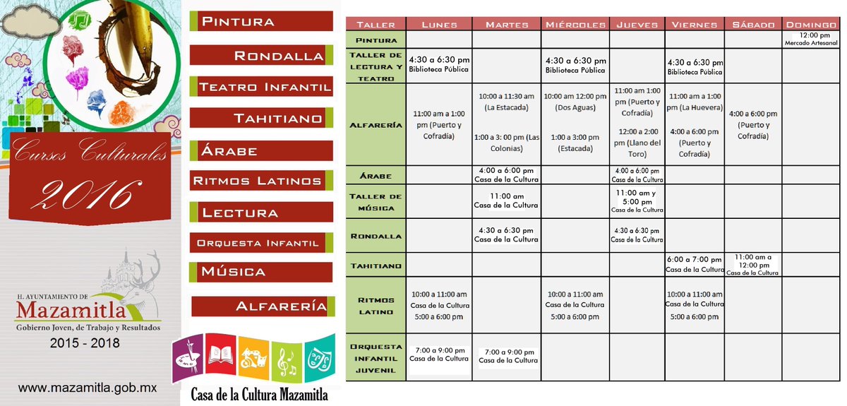 #CulturaMazamitla Te invitamos a inscribirte a los Cursos que se impartirán en la Casa de la Cultura.