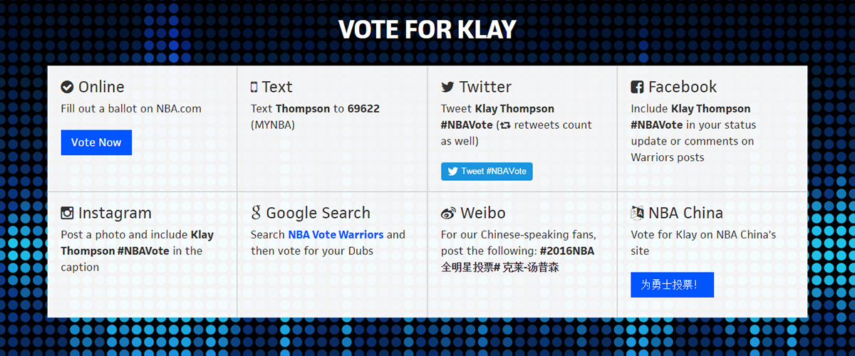 warriors's tweet photo. Vote for Klay Thompson every day, in every way » https://t.co/WKguL5XCfE #NBAVote #DubTheVote https://t.co/GcEIGQNoUj