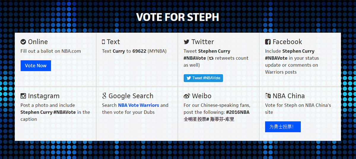 warriors's tweet photo. Vote for Stephen Curry every day, in every way » https://t.co/N7EGObQMQz #NBAVote #DubTheVote https://t.co/x6IFKUE70u