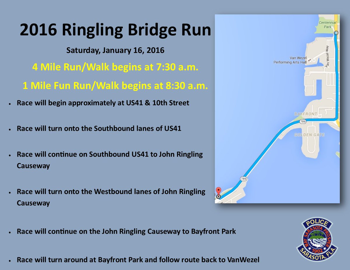 SarasotaPD's tweet photo. RACE ALERT: On Saturday, runners will be hitting the road for the Ringling Bridge Run between 7:30a-10:30a! https://t.co/7HMv5Haizk