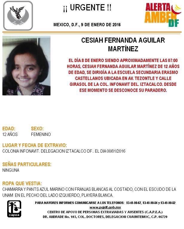 LaAlamedaAlerta's tweet photo. Vía @PGJDF_CDMX #AlertaAmber por Fernanda Aguilar Martínez  12años 8/1/16 #Iztacalco  @lalitojr @ian_pgf https://t.co/26qWGrTI1I