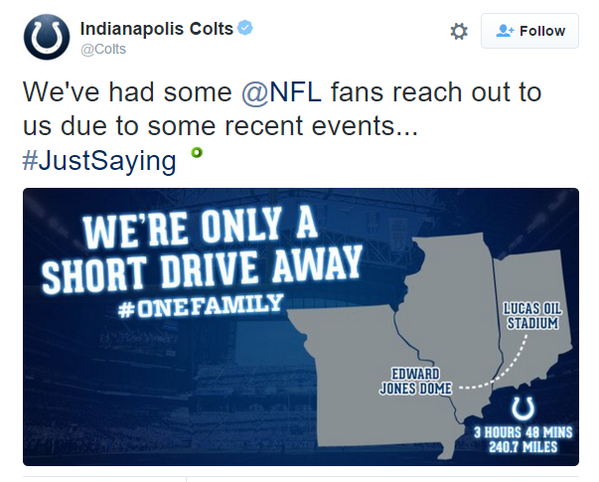 BleacherReport's tweet photo. Too soon? @Colts attempt to take in St. Louis fans looking for new team https://t.co/4GKSE865RO https://t.co/qEIAKa93ib