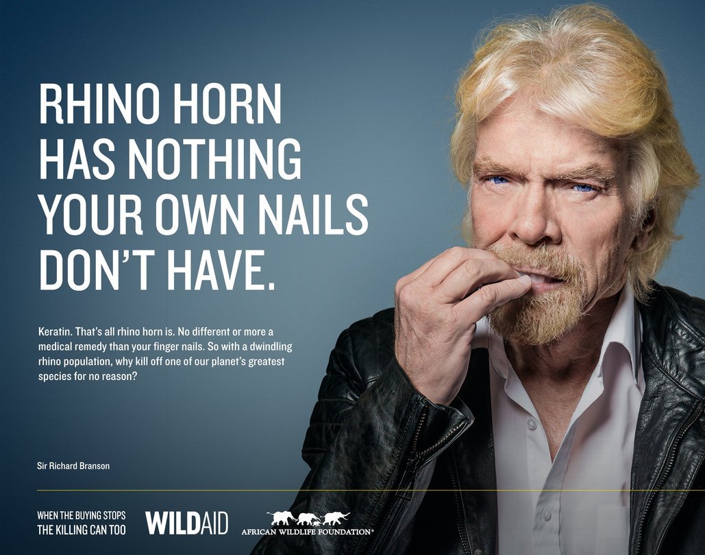 richardbranson's tweet image. An unusual campaign with a serious message - rhino horn is not a magical disease cure virg.in/tyc