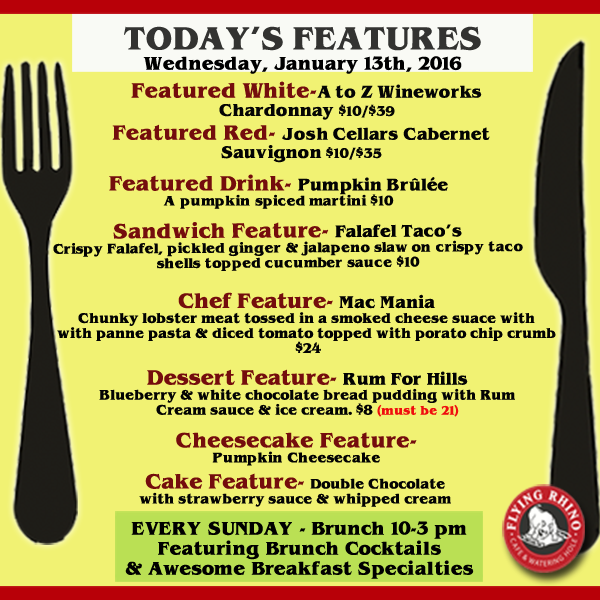 FlyingRhinoCafe's tweet photo. New dinner specials! #Worcester #FlyingRhinoCafe #TacoFalafel https://t.co/eQxZbibcXr