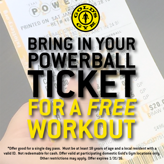 GoldsGym's tweet photo. Bring your #Powerball ticket to your local Gold’s Gym between now and Jan. 31 to workout for free that day! #Winning https://t.co/mdO6Jkmk08