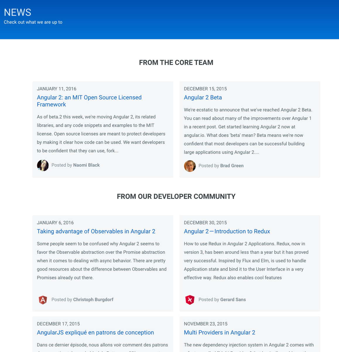 bradlygreen's tweet image. Hey look!  The Angular 2 site new has a news section!
angular.io/news.html