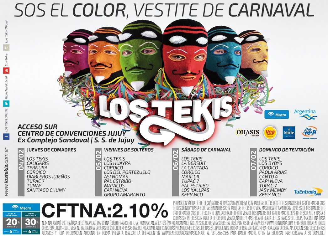 LosTekisOficial's tweet photo. CARNAVAL 2016 - ANTICIPADAS EN : 
https://t.co/DdVIFBVSdY 
Toxico - Otero 315 #Jujuy 
Bunker - Caseros 778 #Salta https://t.co/G6Zb2yBBOn
