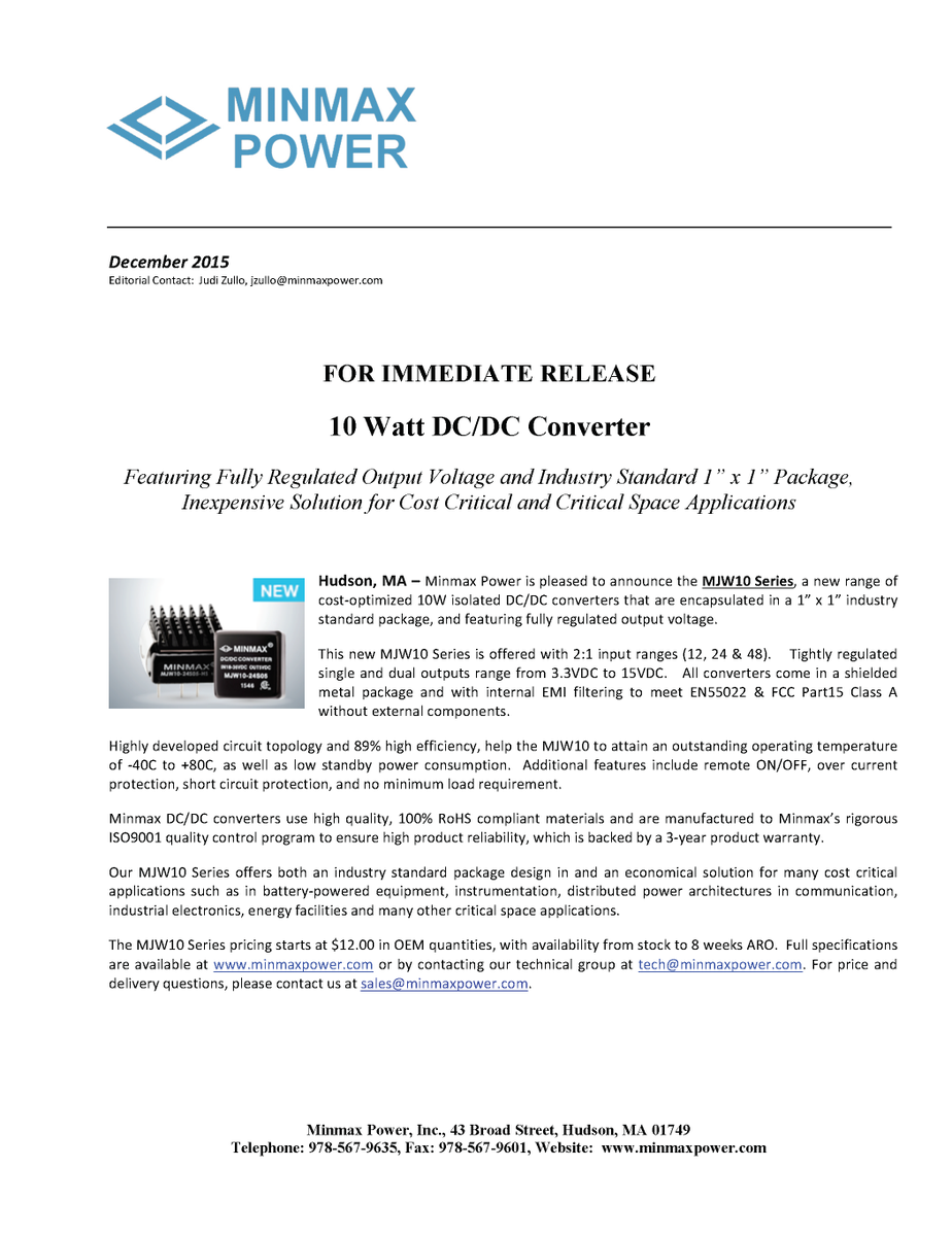 minmax_power's tweet image. PRESS RELEASE: MJW10 Series 10 Watt DC/DC Converter for Cost Critical and Critical Space Applications.