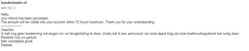 Bijzondere servicemail! En nu maar hopen dat de Engelstalige variant de waarheid is. #slechteservice #bandenleader