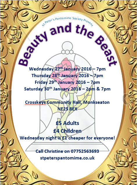 StPetersPanto's tweet photo. @InWhitleyBay Beauty &amp; The Beast - raising money for Oesophagoose. Singing, dancing, &amp; cheesy jokes. £5! #panto https://t.co/HmvFda0fSN