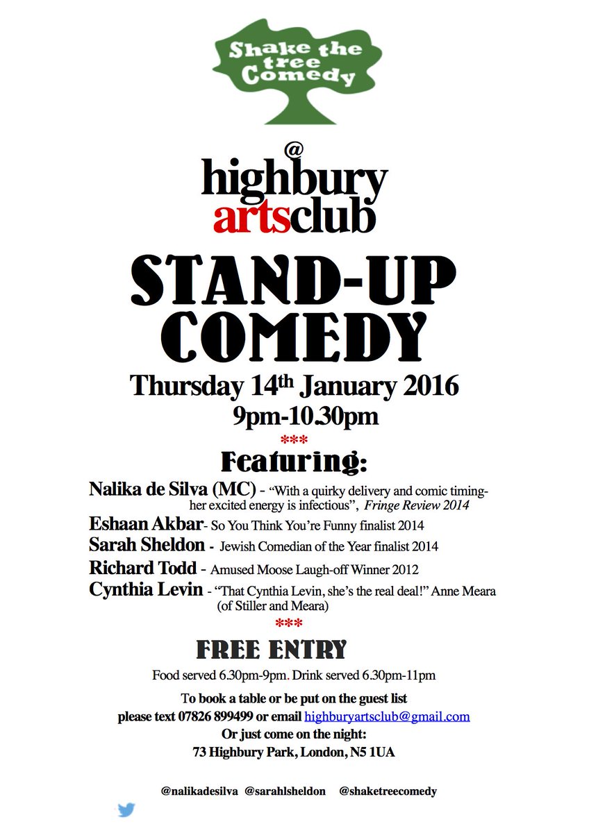 shaketreecomedy's tweet photo. Free comedy TONIGHT @HighburyArtsClb! Come on down @MNetIslington @hollowaylife @FinsburyPeople @Islington_LDN https://t.co/qUaVPYsDLw