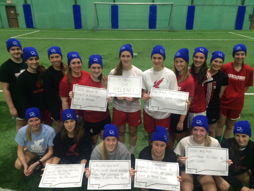 CoachMikePower's tweet photo. Sea~Hawks Soccer supports mental health awareness! #OneTeamForMentalHealth #BellLetsTalk @AUS_SUA @MUNathletics https://t.co/lipedJZT3H