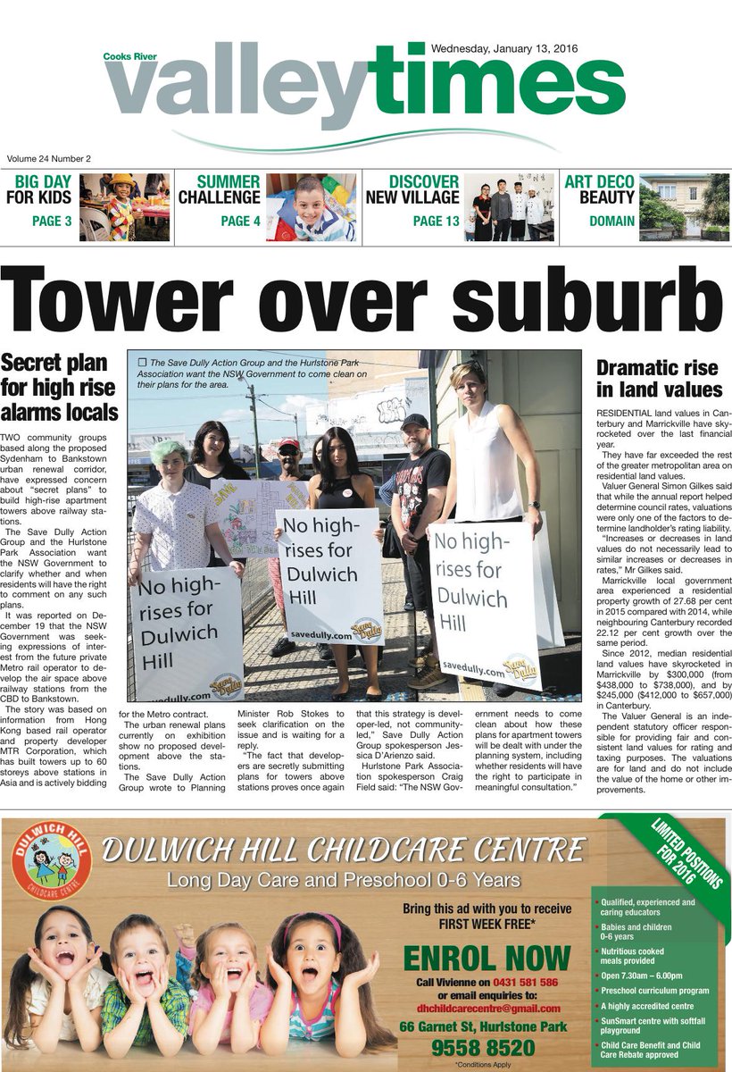 SaveDully's tweet photo. Thanx to Cooks River Valley Times for front page on our potential station high-rise tower story @MarrickvilleNSW https://t.co/j1zd60Okgz