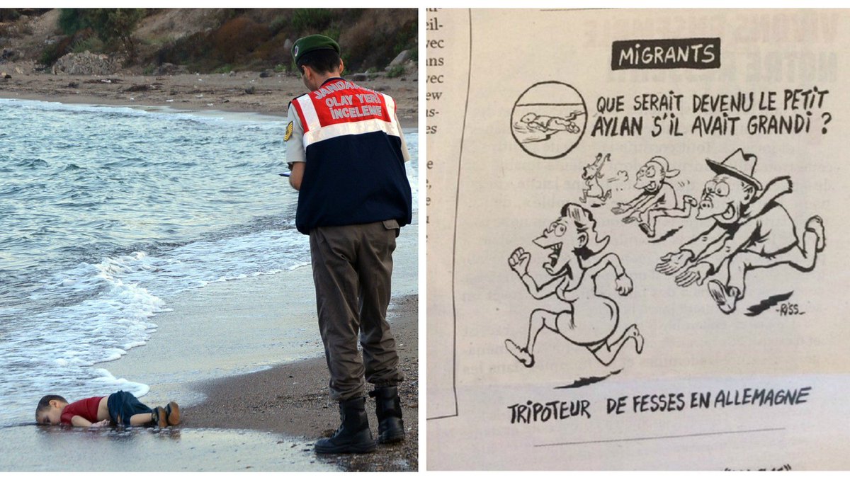 HLN_BE's tweet photo. Charlie Hebdo: "Wat zou er geworden zijn van de kleine Aylan? Een billenknijper in… https://t.co/Kl1viqN95F #hln https://t.co/hBA8ChRyRq