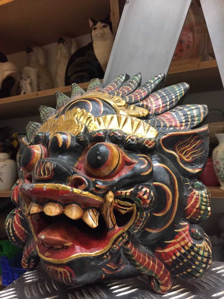 hjstheatre's tweet photo. Tidying a cupboard at work and found this gem. Looking at the photo I think the cat is more scary #randomprops https://t.co/9UJYJB0cK6