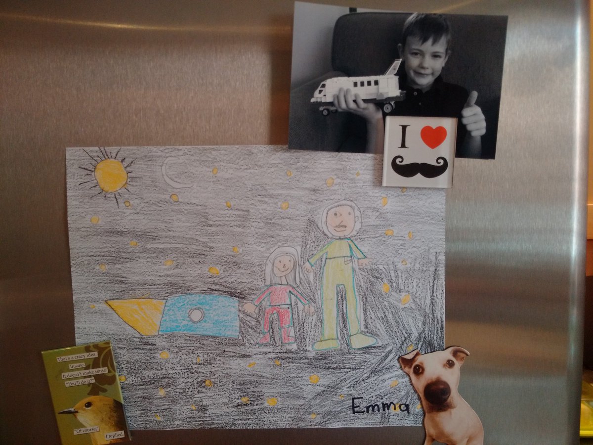 Cmdr_Hadfield's tweet photo. When children mail me their artwork, I always put it on my fridge. A daily gallery of imagination. Thanks Emma! https://t.co/FFO8AGOECq
