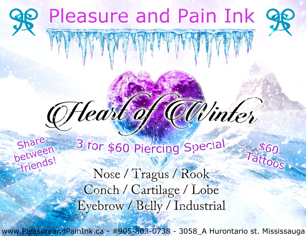 The Heart of Winter 3 for $60 piercing special now on! Any three listed piercings for $60 - Share between friends!