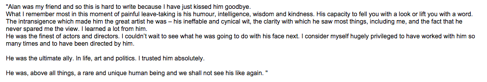 Emma Thompson on Alan Rickman: "Alan was my friend...this is hard to write because I have just kissed him goodbye."