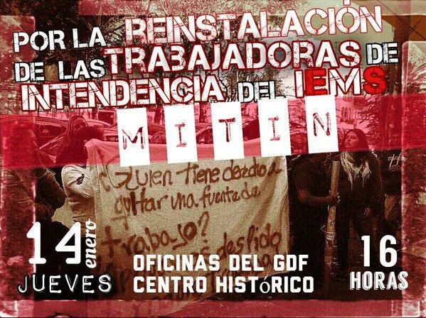 Por la reinstalación de los trabajadores de intendencia del #IEMS <a href="/sutiems/">SUTIEMS</a> <a href="/SUTUACM_/">SUTUACM</a> <a href="/PMovimiento/">Primer Movimiento</a> <a href="/GobiernoDF/">Ex-Defeño</a> <a href="/ituc/">ITUC</a>