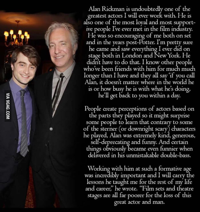 9GAG's tweet photo. Daniel Radcliffe's tribute to Alan Rickman. Rest in peace Legend 
https://t.co/WqfMYthWz4 https://t.co/jd9WtpsE51