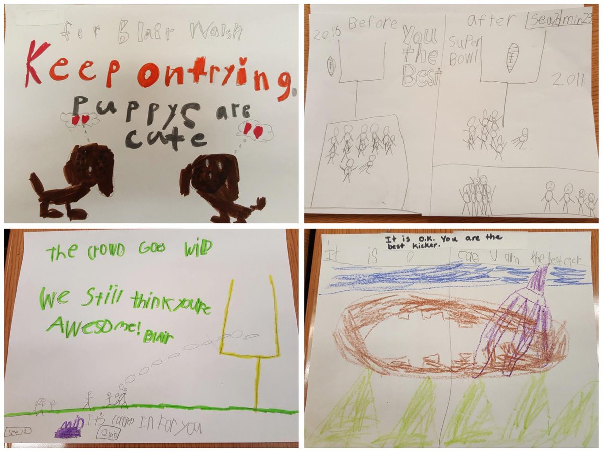 NFL's tweet photo. So awesome... 1st graders at Northpoint Elementary drew these pictures to cheer up @BlairWalsh3 after #SEAvsMIN. https://t.co/vzZPbDvvWz