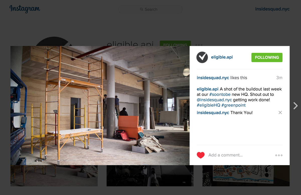 InsideSquadNYC's tweet photo. What #ourclients are saying! #EligibleAPI #EligibleHQ #Greenpoint #Bklyn #buildouts #generalcontracting #healthcare https://t.co/vidKrIXrkz