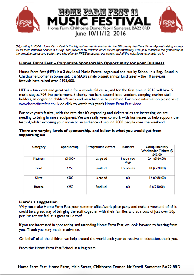 SchoolinaBag1's tweet photo. Fancy being a part of our festival @HomeFarmFest by becoming a sponsor? Please see attached for more info :) https://t.co/IWq1aFfYRX