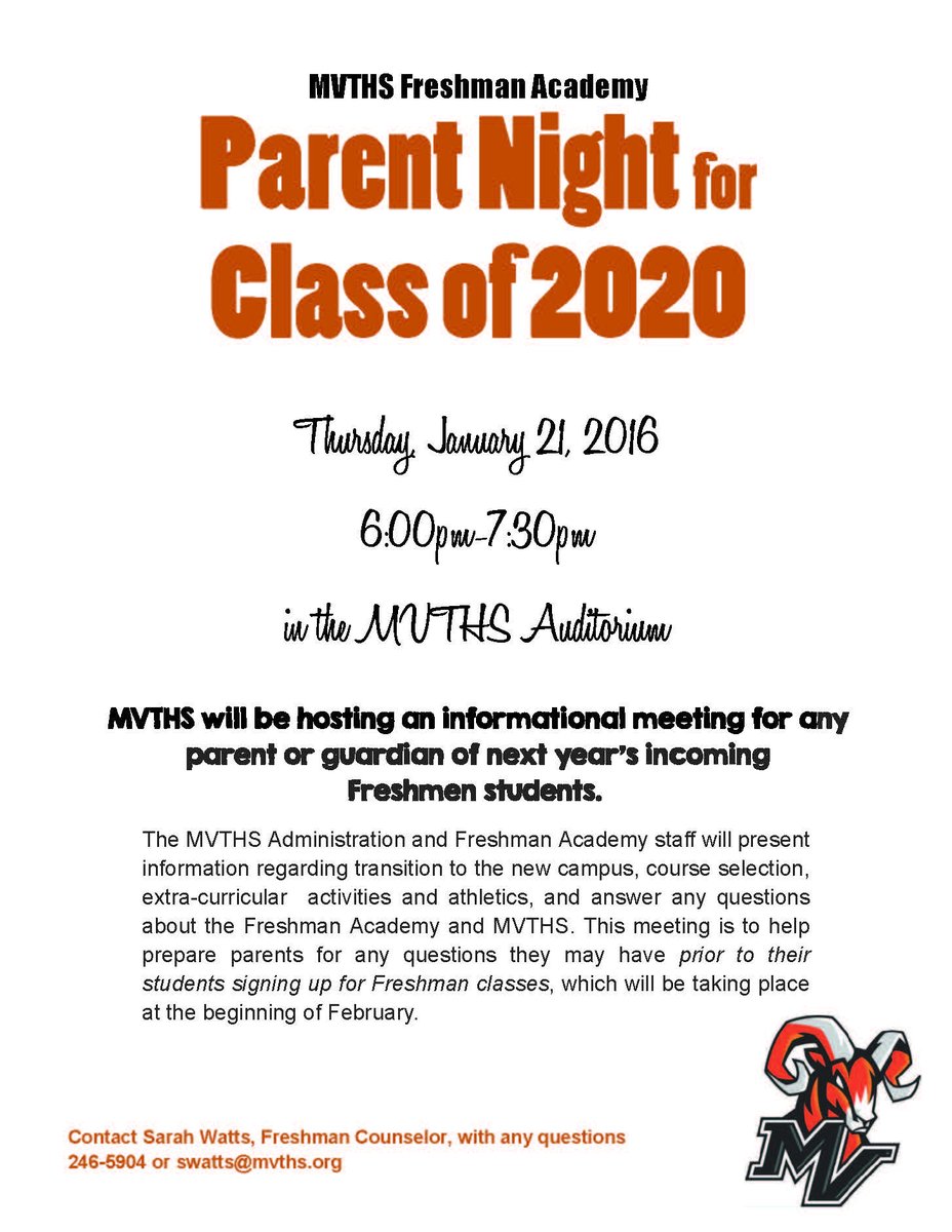 Class of 2020 parent night next Thursday, 1/21 at 6pm in the auditorium.
