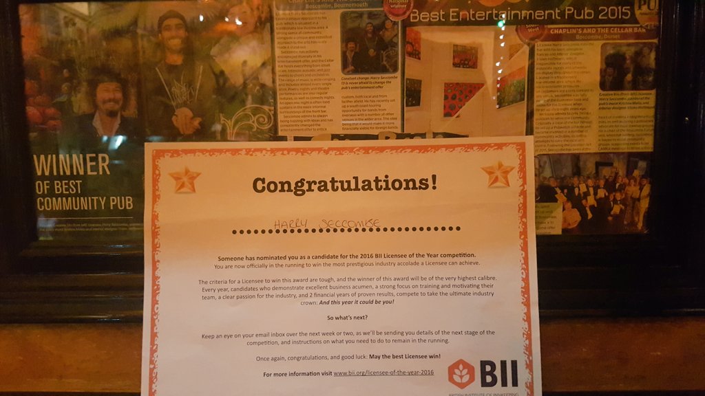 Our owner Harry has been nominated for a licencee of the year award <a href="/harrychaplins/">Harry Seccombe</a> <a href="/dorset_eye/">Dorset Eye (Independent Citizen Community Media)</a> <a href="/tuggersbeer/">Dave Tugwell</a> #dorset