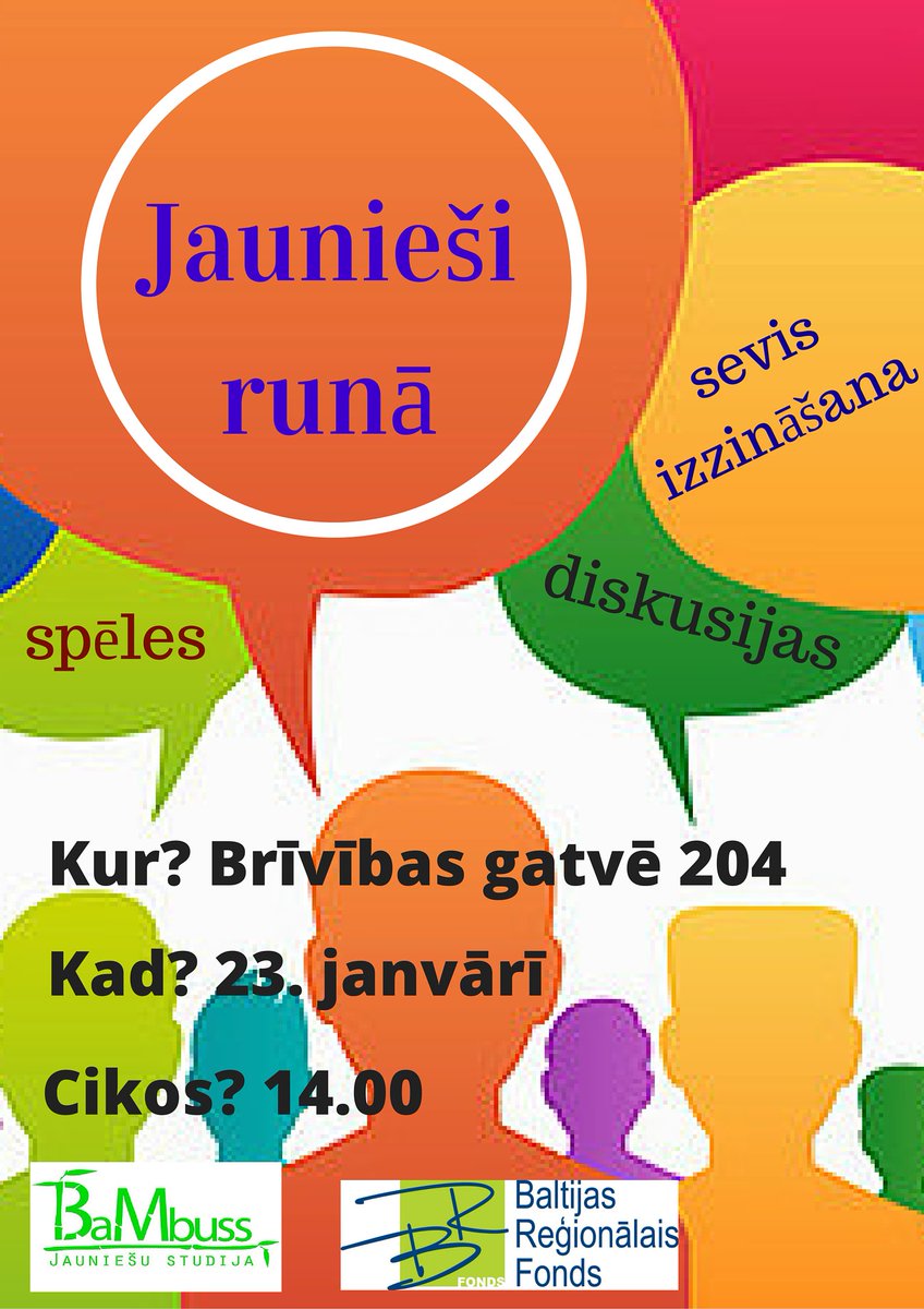 Pasākums “Jaunieši runā” norisināsies jauniešu studijā BaMbuss Brīvības gatvē 204, 23.janvārī plkst. 14:00.