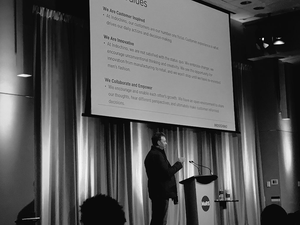 RobinWhittall's tweet photo. Words to build a business by... @indochino shared values #retailtechto @MaRSDDLive https://t.co/yNtoBIlYEe