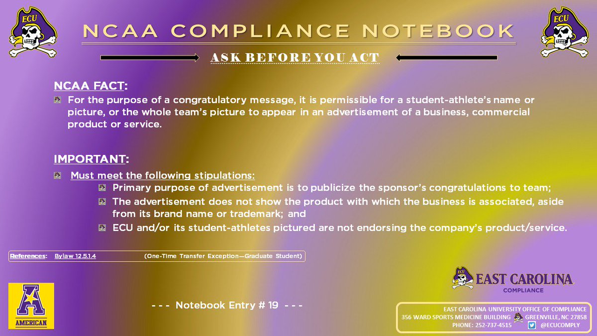 Compliance Note #19: Student-Athletes Appear in Congratulatory Advertisement for Business #ECUndaunted #ECUPirates