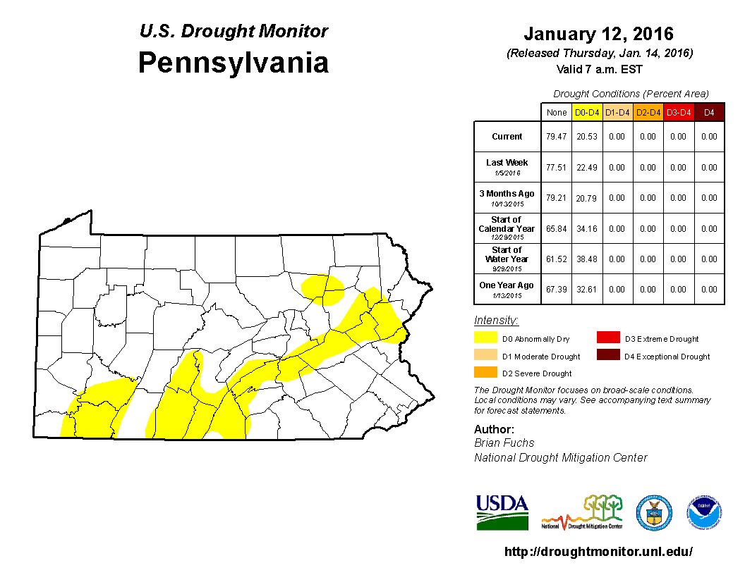 NOAANCEI's tweet photo. Jan 12: Abnormal dryness expanded over southwestern Pennsylvania #PAdrought https://t.co/hs7rCpQMsY #DroughtMonitor https://t.co/cK4LpbuYlp