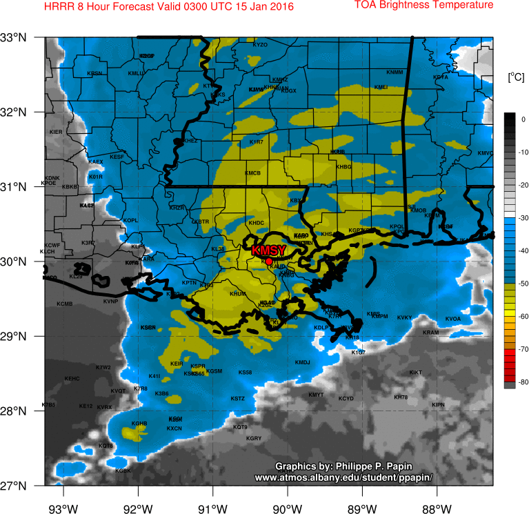 pppapin's tweet image. Those flying out of #KMSY tonight from #AMS2016 may run into a few issues. #HRRR url: atmos.albany.edu/student/ppapin…