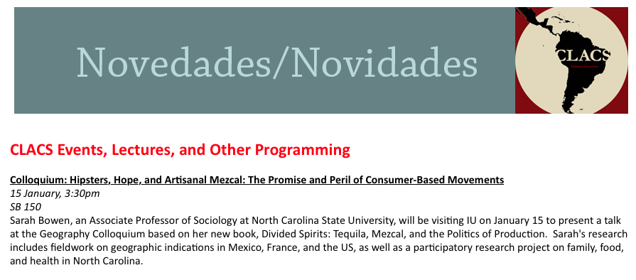IULatAmHistory's tweet photo. Tomorrow at @IUCLACS! "Hipsters, Hope, and Artisanal Mezcal" #Mexico #Mezcal #foodstudies https://t.co/vqwm0SO0ex