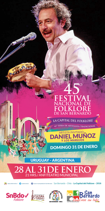 SanBernardocl's tweet photo. 31 de enero,@dmunoz_actor y Los Marujos, se presentarán en el #45festivaldefolkklore de #sanbernardo @Nora_Cuevas https://t.co/X9k6POmjls