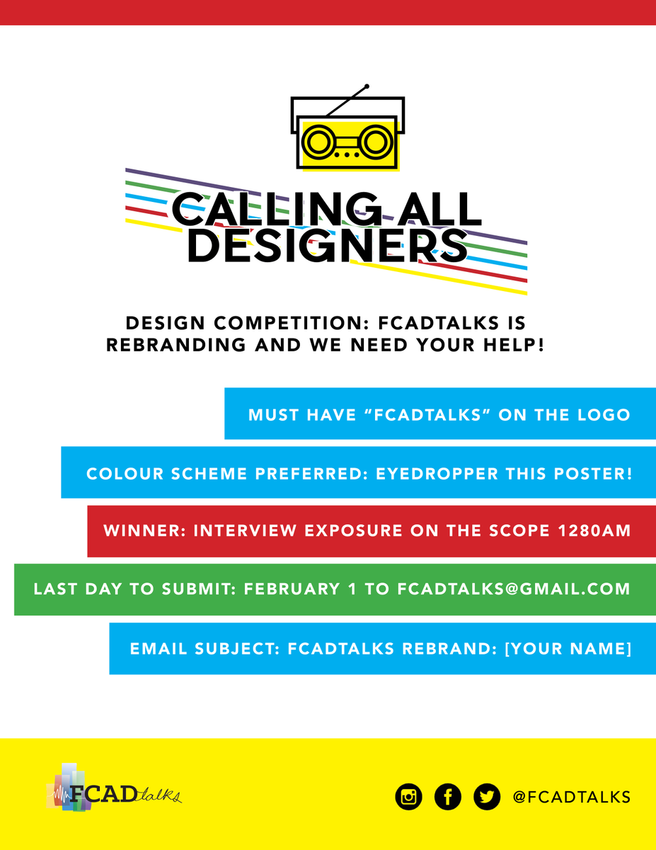 FCADtalks's tweet photo. Hey RYERSON! FCADTalks is hosting a competition - revamp our current logo for your chance to win a guest interview! https://t.co/WHHMX8iBZ5