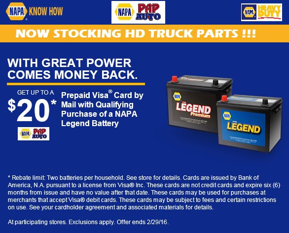NAPAPAPAuto's tweet image. Great rebate deals on #NAPABATTERIES through Feb 29, 2016!