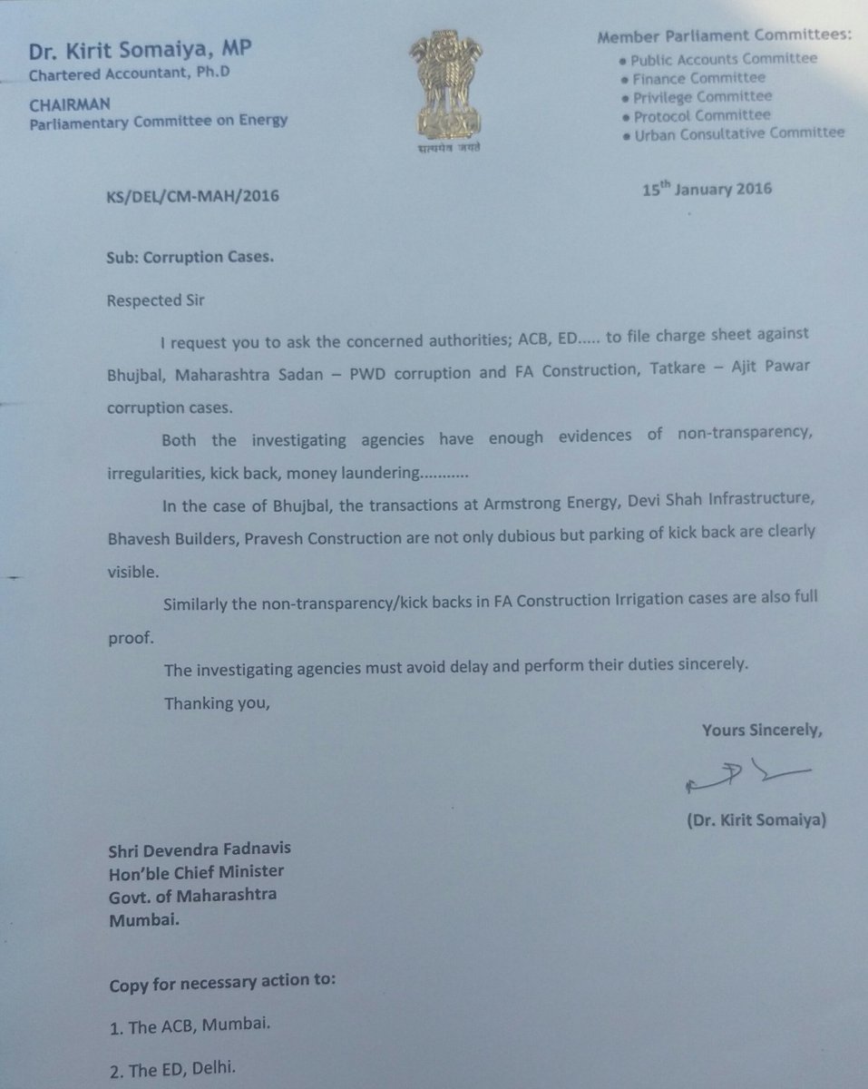 KiritSomaiya's tweet photo. I urged #CMfadnavis ACB ED to file ChargeSheet in #Bhujbal #MahaSadan #PWD #FAconstruction #Tatkare #AjitPawar Scams https://t.co/OTYiXH4Nod
