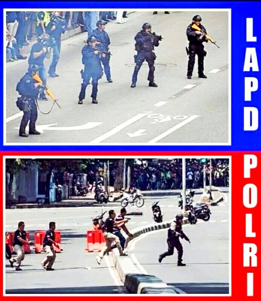 aiqlola's tweet photo. LAPD full gear with ballistic helmet and bullet proof vest. POLRI only with polo shirt and sneakers.
#KamiTidakTakut https://t.co/xAL7XIkiV1