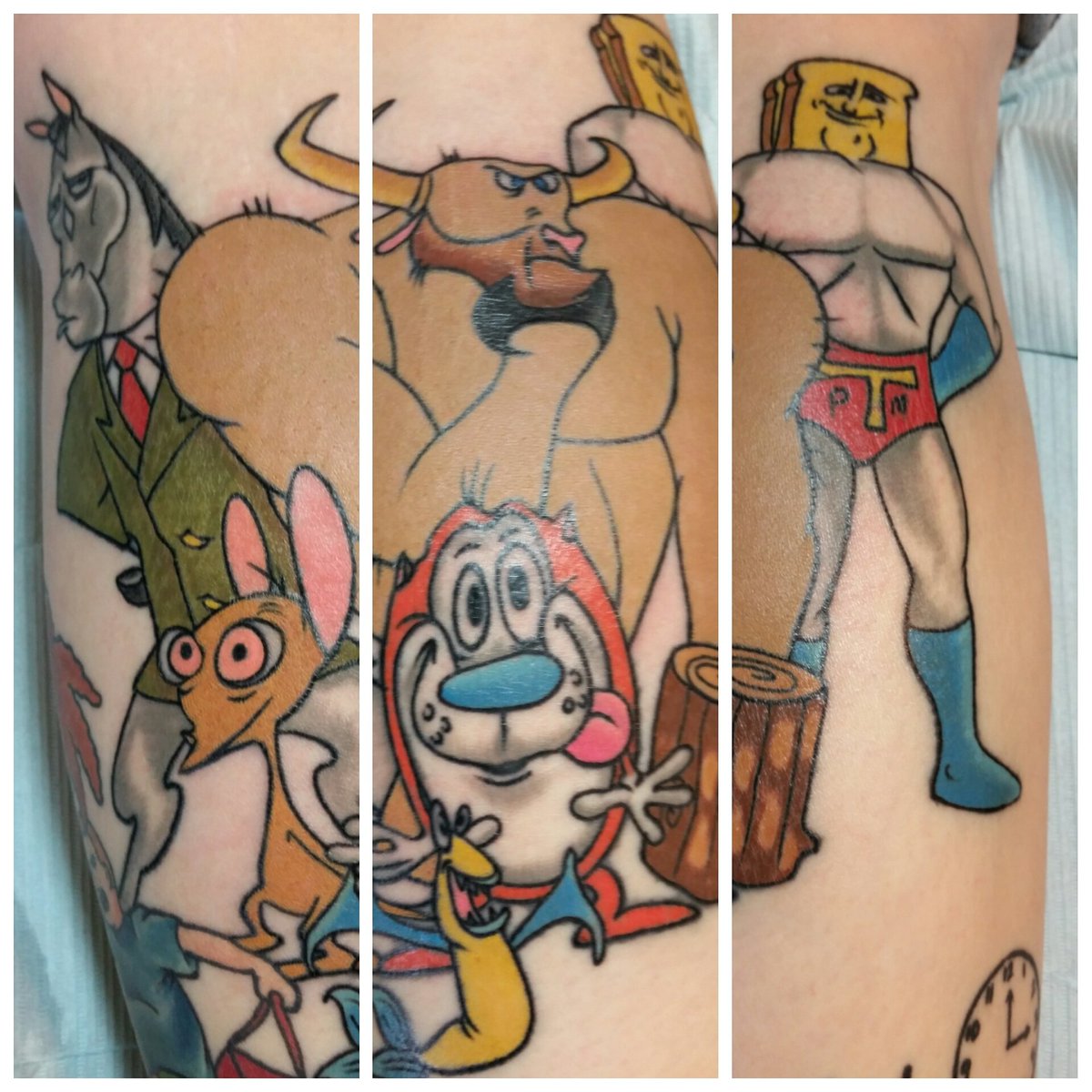 H2Owens's tweet photo. Lovin my new #tattoo! Thanks #KevinCombs #Ren&Stimpy #MrHorse #PowderToastMan #Yak #MuddyMudSkipper #LOG #Silkworm https://t.co/ktRqXd2KtW