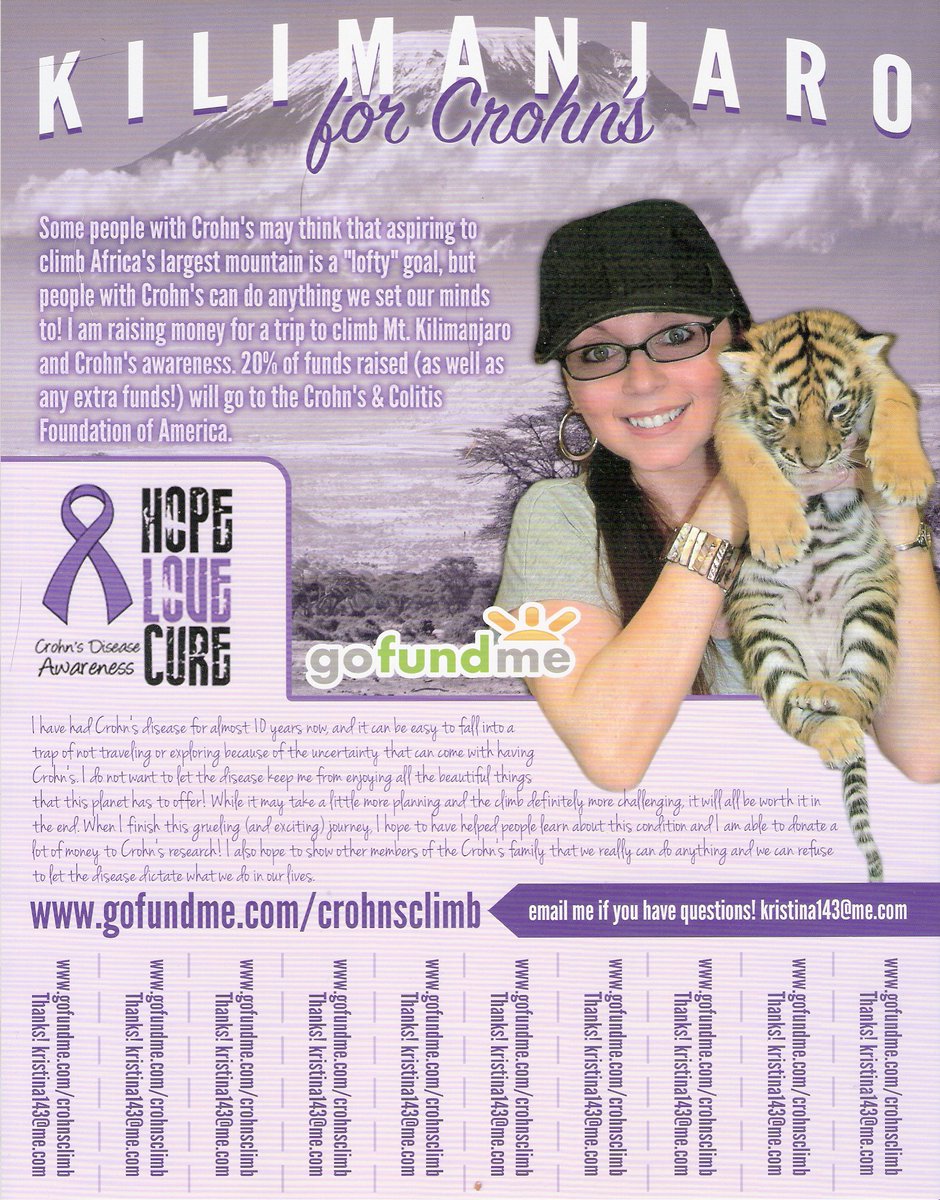 KKrautblatt's tweet photo. @ibdpatient Hi! I am planning to climb Kilimanjaro for #crohns. Would you please help by spreading the word? Thanks! https://t.co/P0yHvw5n5o