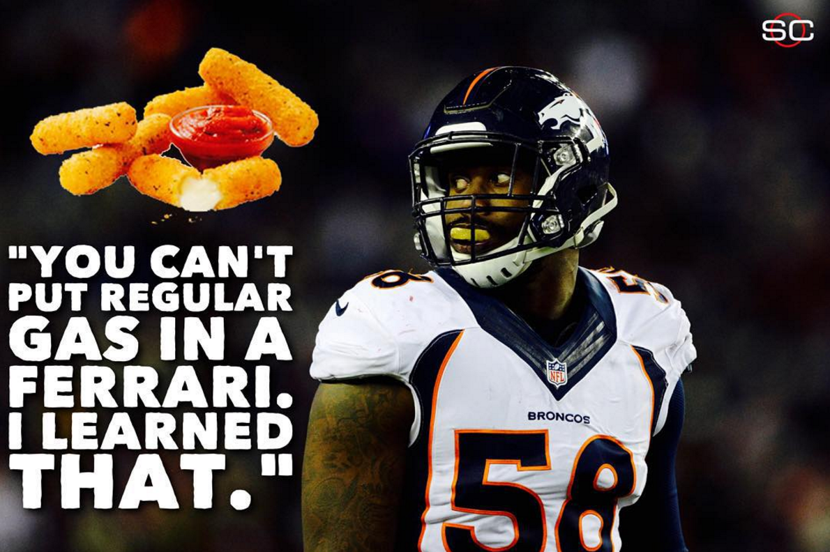 SportsCenter's tweet photo. Von Miller missed practice Wednesday because he got sick from mozzarella sticks at the movie theater. https://t.co/nnqvQ5BVee